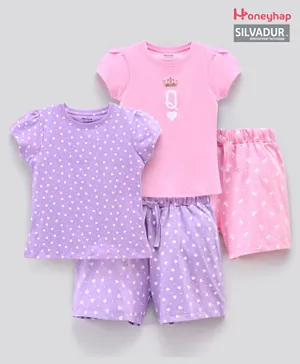 Honeyhap Premium Cap Sleeves Top & Shorts With   Anti-Microbial  finish Hearts Print - Purple
