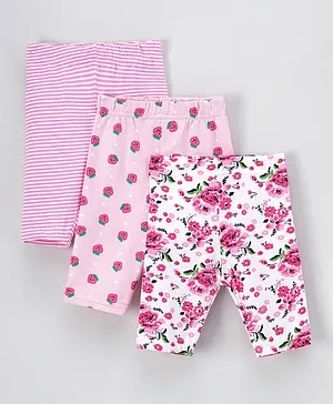 Babyhug Cotton Elastane Three Fourth Length Leggings Solid & Floral Printed Pack of 3 - Pink White