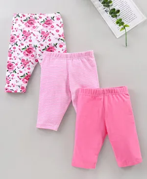 Babyhug Cotton Elastane Three Fourth Length Leggings Solid & Floral Printed Pack of 3 - Pink White