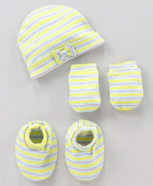Bonfino Cotton Cap Mittens & Booties Set Striped Ivory Yellow