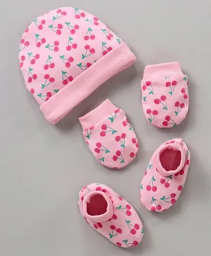 Babyhug 100% Cotton Cap Mittens & Booties Set Cherry Print Pink - Diameter 11 cm