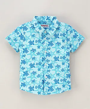 Babyhug Half Sleeves Knitted Shirt Turtle Print - Blue