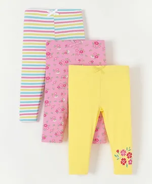Babyhug Cotton Lycra Full Length Leggings Printed & Stripes Pack of 3 - Yellow Pink Green