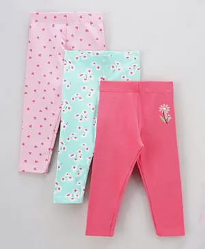 Babyhug Full Length Leggings Pack of 3 Floral Print - Pink Green