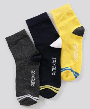 Pine Kids Ankle Length Anti Microbial Washed Socks Text Design Pack Of 3 - Grey Black Yellow