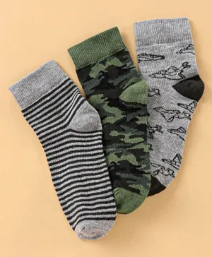 Pine Kids Ankle Length Anti Microbial Washed Socks Stripe Aeroplane And Camo Design Pack Of 3 - Grey Green