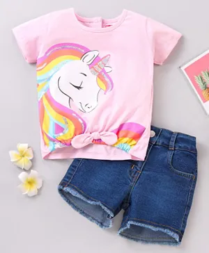 Babyhug Half Sleeves Top & Denim Shorts Set Unicorn Print & Sequin Applique - Pink