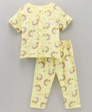 ToffyHouse Cotton Half Sleeves Pajama Set Unicorn Printed - Yellow