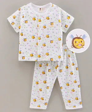 ToffyHouse Half Sleeves T-Shirt & Pyjama Set Honeybee & Floral Print - White