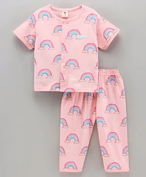 ToffyHouse Cotton Half Sleeves Pajama Set rainbow Printed - Pink