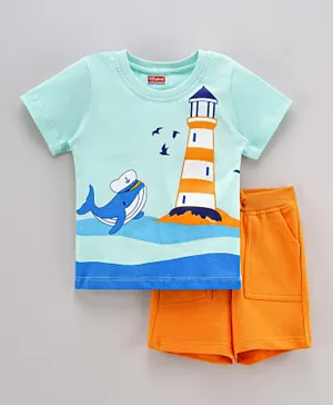 Babyhug Half Sleeves Printed T-Shirt and Knee Length Short - Blue Orange