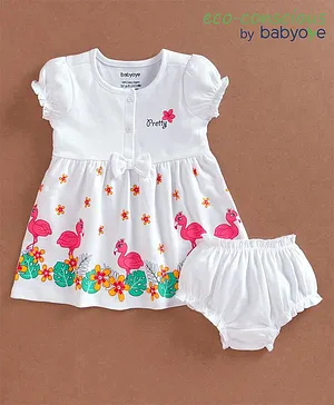 Babyoye Puffed Sleeves Cotton Frock with Bloomer Flamingo Print - White