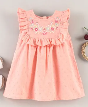 Babyhug Flutter Sleeves Frock Floral Embroidered - Peach
