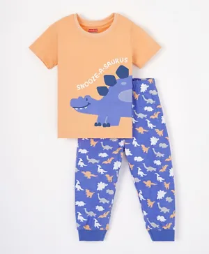 Babyhug Cotton Knit Half Sleeves Dino Print Night Suit - Peach