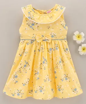 Babyhug 100% Cotton Sleeveless Poplin Frock Floral Print & Bow Applique - Yellow