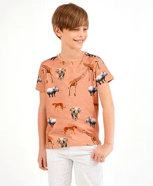 Primo Gino Half Sleeves Cotton T Shirt Animal Print - Beige