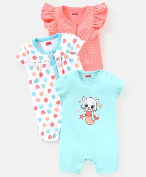 Babyhug 100% Cotton Knit Cap Sleeves Romper Sea Theme Print Pack of 3 - Multicolour