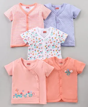 Babyhug Half Sleeves 100% Cotton Vests Dot Stripe And Floral Print Pack Of 5 - Pink Peach Purple