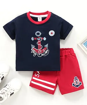 ToffyHouse Half Sleeves T-Shirt & Shorts Set Anchor & Text Print - Blue