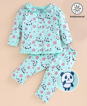 Babyoye Full Sleeves Night Suit Panda & Stars Print - Blue