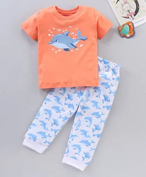 Babyhug Half Sleeves Quick Dry Night Suit Dolphin Print - Orange White