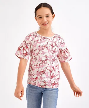 Primo Gino Half Sleeves Cotton T-shirt Butterfly Print - Peach