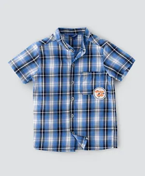Jam Woven Checked Shirt With Embroidered Patch At Pocket - Blue