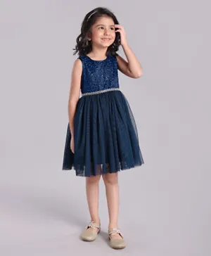 Babyhug Sleeveless Party Wear Frock In Embroidered Yoke and Soft Net - Navy