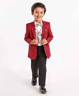Babyhug Full Sleeves Party Wear Suit with Waistcoat & Bow - Red