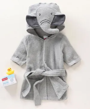 Babyhug Three Fourth Sleeves Elephant Design Woven Terry Bath Robe - Grey