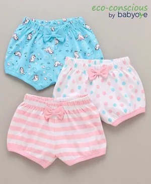 Babyoye Cotton Shorts With Bow Unicorn Polka Dot And Stripe Print Pack Of 3 - Blue Pink White