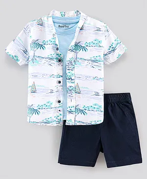 Bonfino Half Sleeves Tropical Print Shirt With T-Shirt & Shorts Set - Blue