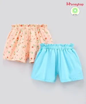 Honeyhap Premium 100% Cotton Biowash Shorts Floral Print Pack of 2 - Blue Pink