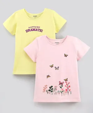 Primo Gino Half Sleeves T-Shirts Digital Butterfly Print & Foil Print Pack Of 2 - Yellow Pink