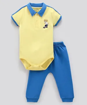 Bonfino Half Sleeves Onesie with Leggings Teddy Print - Yellow Blue