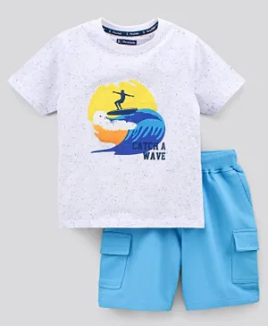 Pine Kids Half Sleeves Biowashed Cotton T-Shirt And Knee Length Shorts Set With Side Pockets Catch A Wave HD Print - White Blue