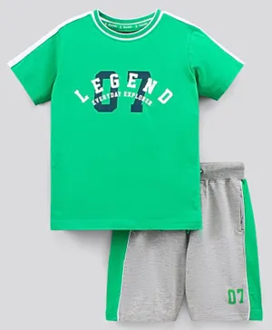 Pine Kids Bio Washed Half Sleeves T Shirt  and Shorts Set Text Print - Green
