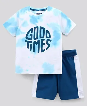 Pine Kids Half Sleeves Biowashed Cotton T-Shirt And Knee Length Shorts Set With Side Pockets Good Times HD Print - Blue