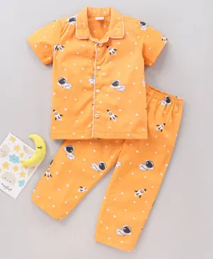 Babyhug Half Sleeves Cotton Pyjama Set Astronaut Print - Orange