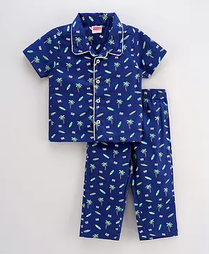 Babyhug Half Sleeves T-Shirt & Pyjama Set Palm Trees Print – Navy