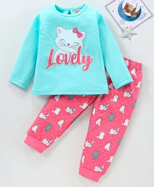 Babyhug Full Sleeves Cotton Night Suit Kitty Print- Blue Pink