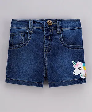 Babyhug Mid Thigh Washed Embroidered Denim Shorts - Blue