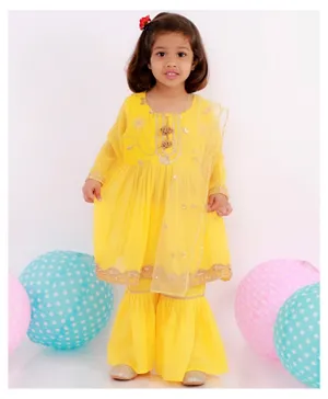 Little Bansi Three Fourth Sleeves Gotta Patti Work Kurta & Sharara With Dupatta - Yellow