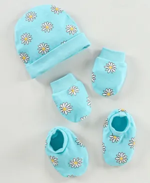 Babyhug 100% Cotton Cap Mittens & Booties Floral Print - Blue