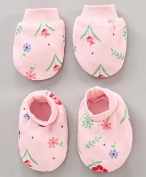 Babyhug 100% Cotton Mittens & Booties Set Printed - Pink