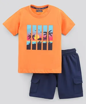 Pine Kids Half Sleeves Biowashed T-Shirt & Shorts Set Beach Print - Orange Blue
