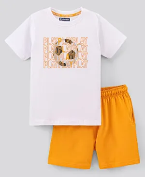 Pine Kids Half Sleeves Biowashed T-Shirt & Shorts Set Football & Play Print - Orange White