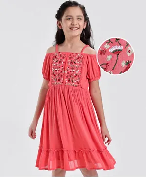 Pine Kids Cold Shoulder Embroided Flared Dress - Fuchsia