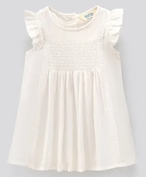 Bonfino Frill Sleeves Solid Frock with Smocked Detailing - White