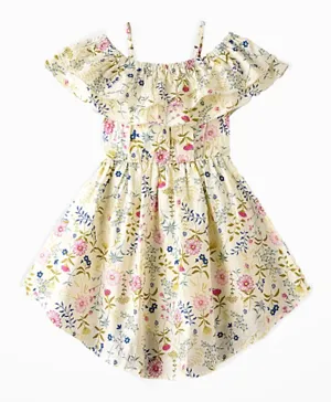 Jelliene Cotton All Over Floral Print Bow Detailed Cold Shoulder Dress - Multi Color